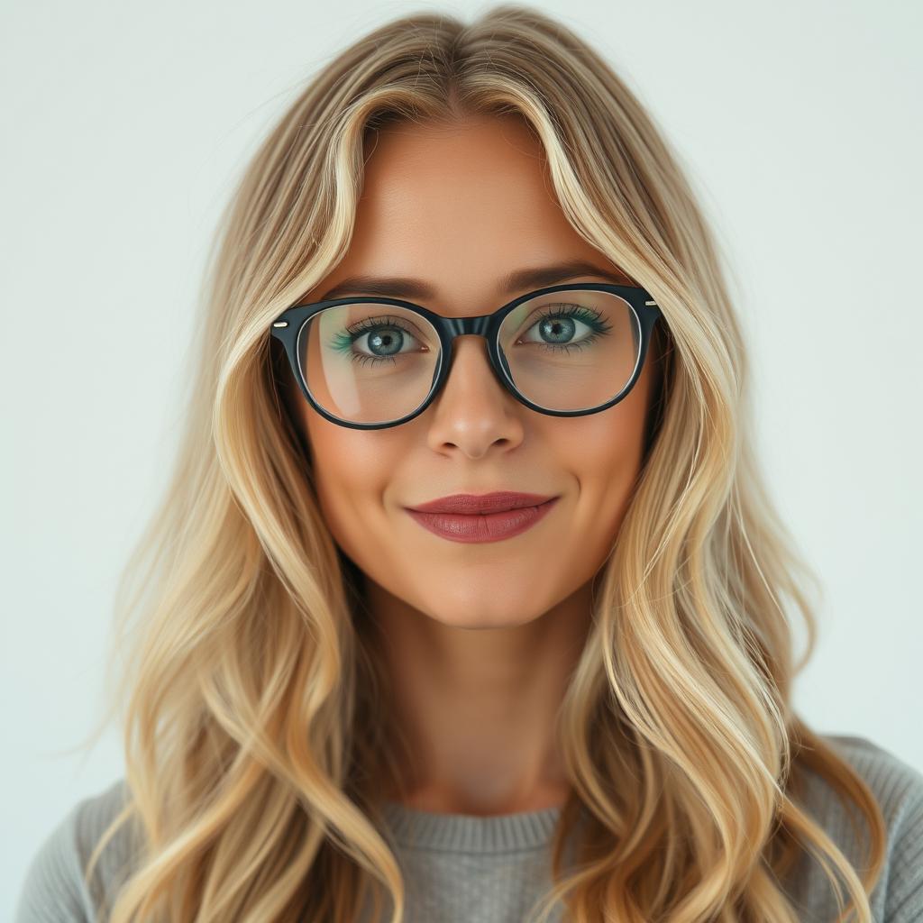A realistic portrait of a very pretty 46-year-old woman with long, wavy blonde hair resembling Dakota Johnson