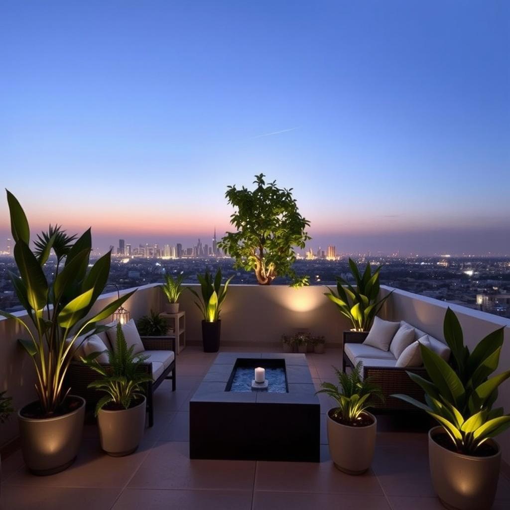 A beautifully designed terrace with modern outdoor furniture, lush green plants, and ambient lighting