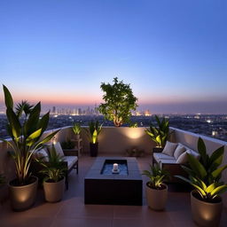 A beautifully designed terrace with modern outdoor furniture, lush green plants, and ambient lighting