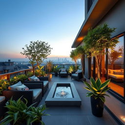 A beautifully designed terrace with modern outdoor furniture, lush green plants, and ambient lighting