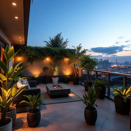 A beautifully designed terrace with modern outdoor furniture, lush green plants, and ambient lighting