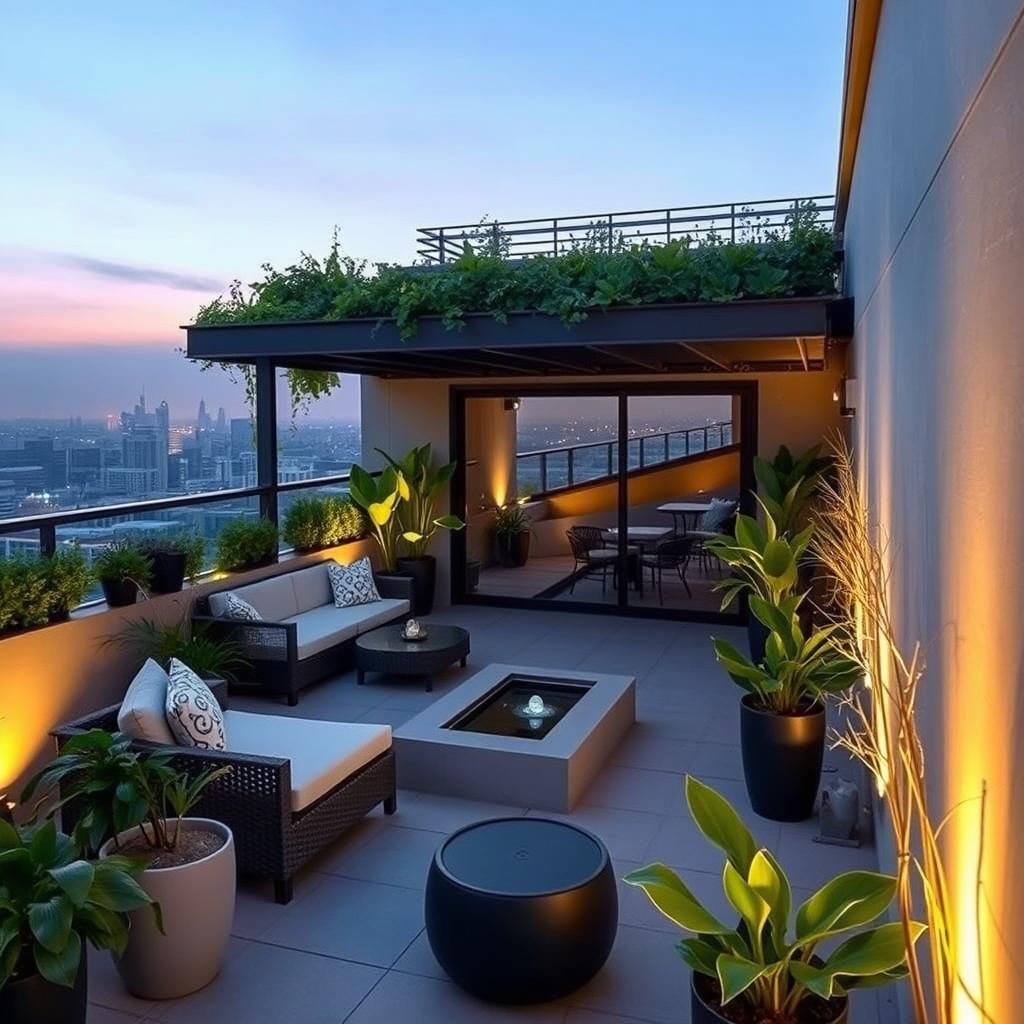 A beautifully designed terrace with modern outdoor furniture, lush green plants, and ambient lighting