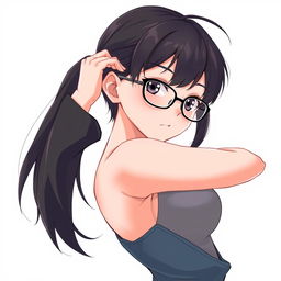 A beautiful anime girl with short black hair and stylish glasses