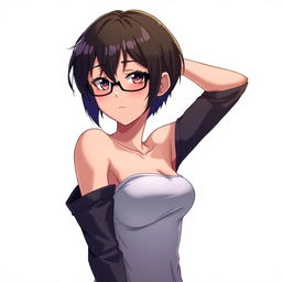 A beautiful anime girl with short black hair and stylish glasses