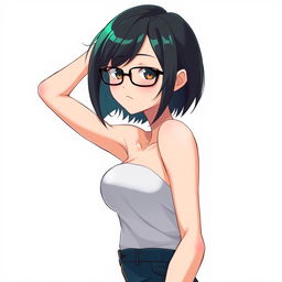 A beautiful anime girl with short black hair and stylish glasses