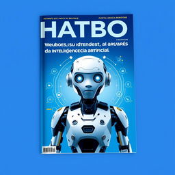 A magazine cover with a blue background featuring a futuristic artificial intelligence robot representing chatbots