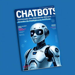 A magazine cover with a blue background featuring a futuristic artificial intelligence robot representing chatbots