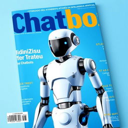 A magazine cover with a blue background featuring a futuristic artificial intelligence robot representing chatbots