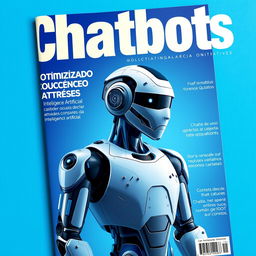 A magazine cover with a blue background featuring a futuristic artificial intelligence robot representing chatbots