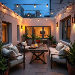 A cozy, medium-sized terrace designed as a chill-out zone featuring a dining table for a relaxed eating experience