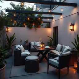 A cozy, medium-sized terrace designed as a chill-out zone featuring a dining table for a relaxed eating experience