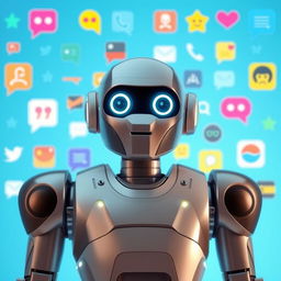 An intelligent AI chatbot robot in the foreground, positioned against a background filled with various chat icons, each featuring a distinct style and color variation, over a soothing blue backdrop