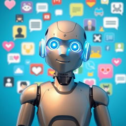 An intelligent AI chatbot robot in the foreground, positioned against a background filled with various chat icons, each featuring a distinct style and color variation, over a soothing blue backdrop