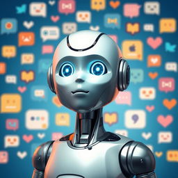 An intelligent AI chatbot robot in the foreground, positioned against a background filled with various chat icons, each featuring a distinct style and color variation, over a soothing blue backdrop