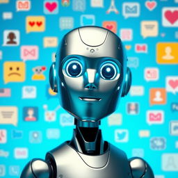 An intelligent AI chatbot robot in the foreground, positioned against a background filled with various chat icons, each featuring a distinct style and color variation, over a soothing blue backdrop