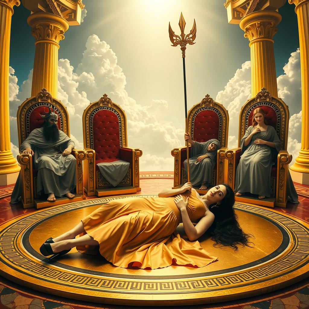 A stunning scene set in a heavenly golden hall in the sky, featuring a beautiful woman with long black hair, wearing a golden princess dress and black heels, lying on a circular floor