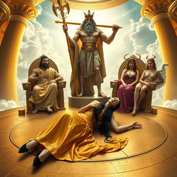 A stunning scene set in a heavenly golden hall in the sky, featuring a beautiful woman with long black hair, wearing a golden princess dress and black heels, lying on a circular floor