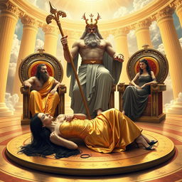 A stunning scene set in a heavenly golden hall in the sky, featuring a beautiful woman with long black hair, wearing a golden princess dress and black heels, lying on a circular floor