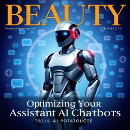 A magazine cover titled 'BEAUTY' featuring a futuristic design with a blue background filled with chat symbols and digital icons