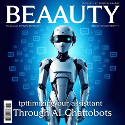 A magazine cover titled 'BEAUTY' featuring a futuristic design with a blue background filled with chat symbols and digital icons