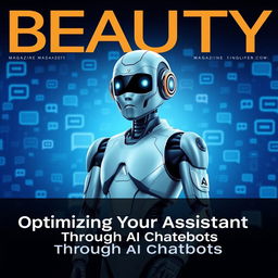 A magazine cover titled 'BEAUTY' featuring a futuristic design with a blue background filled with chat symbols and digital icons