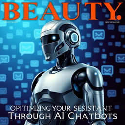 A magazine cover titled 'BEAUTY' featuring a futuristic design with a blue background filled with chat symbols and digital icons