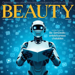 A magazine cover titled 'BEAUTY', featuring a futuristic theme with a starry blue background filled with chat icons