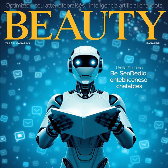 A magazine cover titled 'BEAUTY', featuring a futuristic theme with a starry blue background filled with chat icons