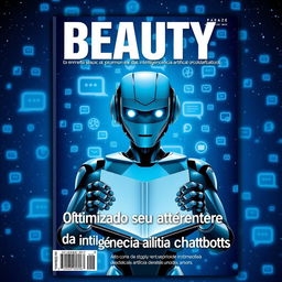 A magazine cover titled 'BEAUTY', featuring a futuristic theme with a starry blue background filled with chat icons