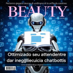 A magazine cover titled 'BEAUTY', featuring a futuristic theme with a starry blue background filled with chat icons