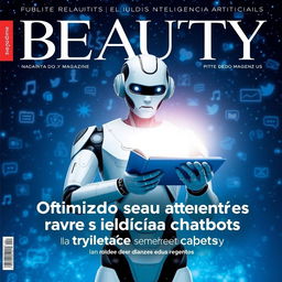 A magazine cover titled 'BEAUTY', featuring a futuristic theme with a starry blue background filled with chat icons