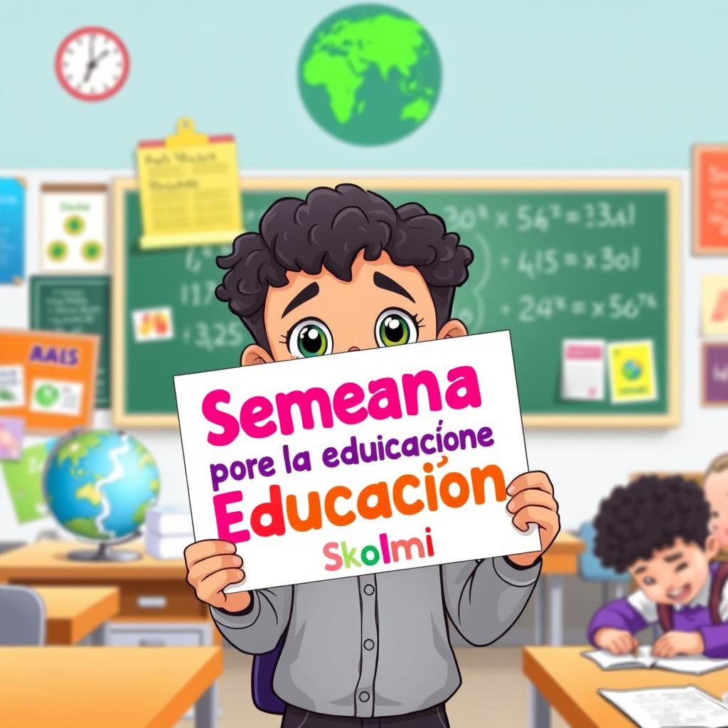 A cartoon of a young student in a classroom, holding a colorful sign that reads "Semana por la Educación Skolmi"