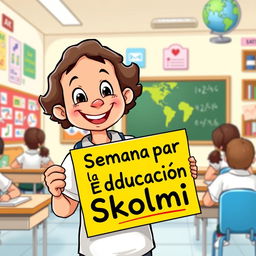 A cartoon of a young student in a classroom, holding a colorful sign that reads "Semana por la Educación Skolmi"