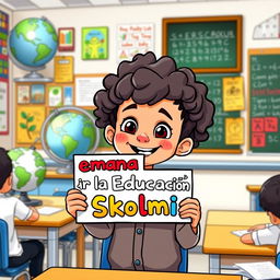 A cartoon of a young student in a classroom, holding a colorful sign that reads "Semana por la Educación Skolmi"