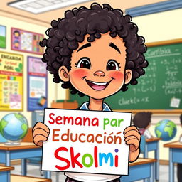 A cartoon of a young student in a classroom, holding a colorful sign that reads "Semana por la Educación Skolmi"