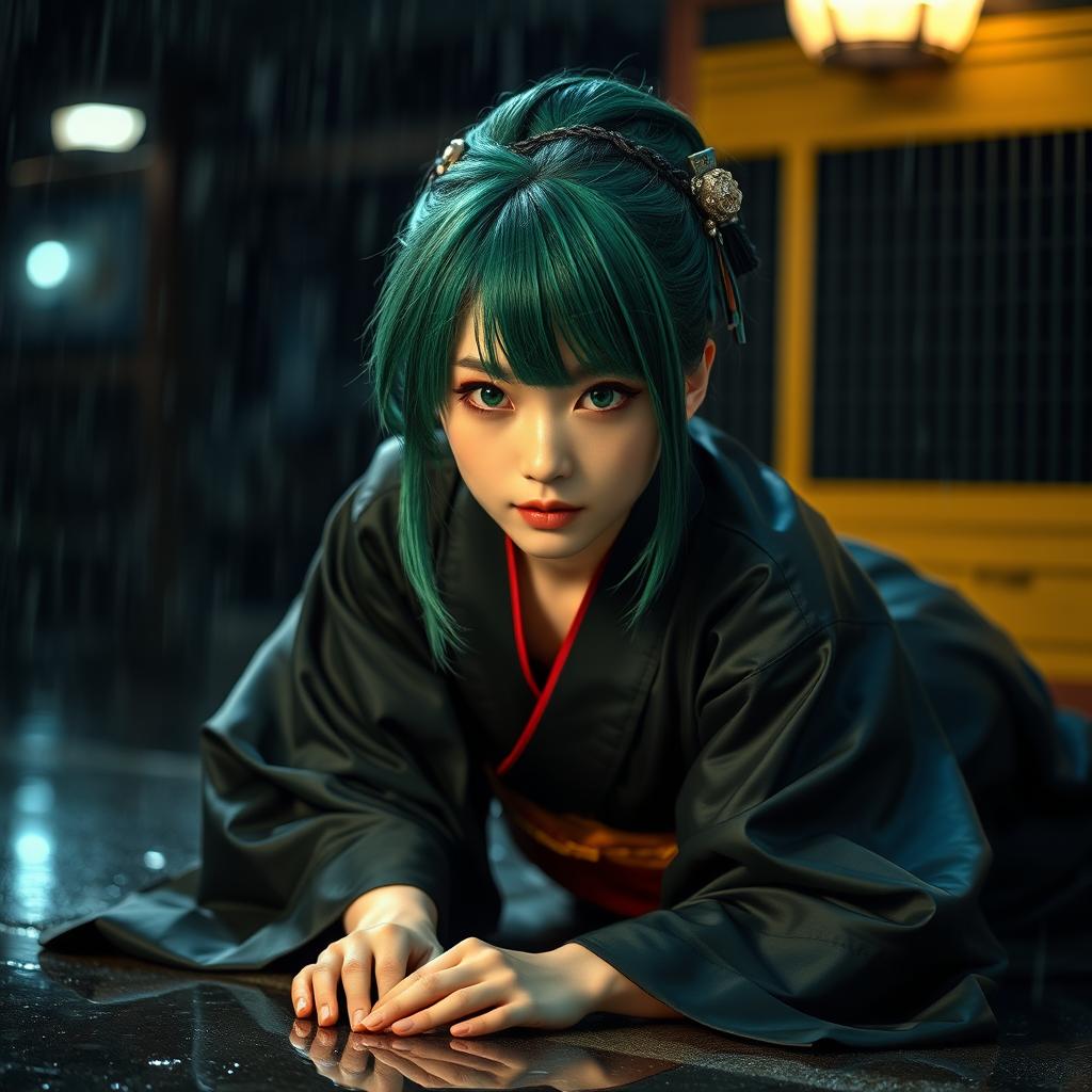 A Japanese woman with green hair styled in a traditional Japanese hairstyle, wearing a black silk kimono, is positioned on all fours