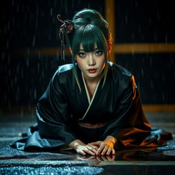 A Japanese woman with green hair styled in a traditional Japanese hairstyle, wearing a black silk kimono, is positioned on all fours