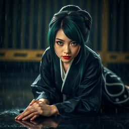 A Japanese woman with green hair styled in a traditional Japanese hairstyle, wearing a black silk kimono, is positioned on all fours