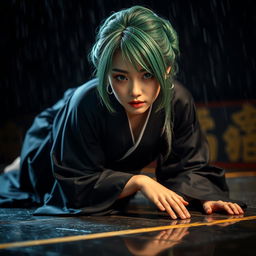 A Japanese woman with green hair styled in a traditional Japanese hairstyle, wearing a black silk kimono, is positioned on all fours