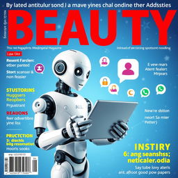 Magazine cover titled "BEAUTY" with a blue starry background, featuring various chat application icons