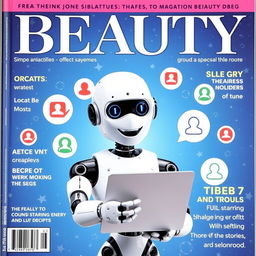 Magazine cover titled "BEAUTY" with a blue starry background, featuring various chat application icons