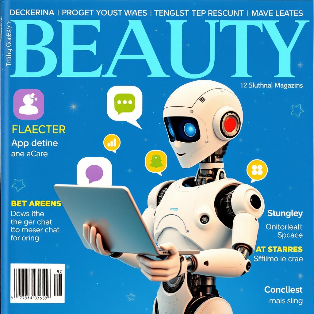 Magazine cover titled "BEAUTY" with a blue starry background, featuring various chat application icons