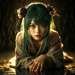 A Japanese woman with green hair styled in a traditional Japanese hairstyle, featuring striking green eyes