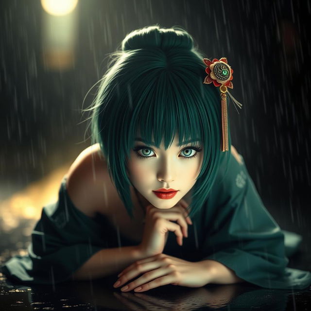 A Japanese woman with green hair styled in a traditional Japanese hairstyle, featuring striking green eyes