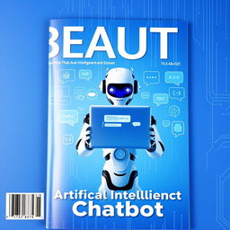 A magazine cover titled "BEAUTY" with a blue background featuring faint circuit-like lines, a multitude of chat bubbles, and an artificial robot holding an open laptop displaying a chat interface prominently in front