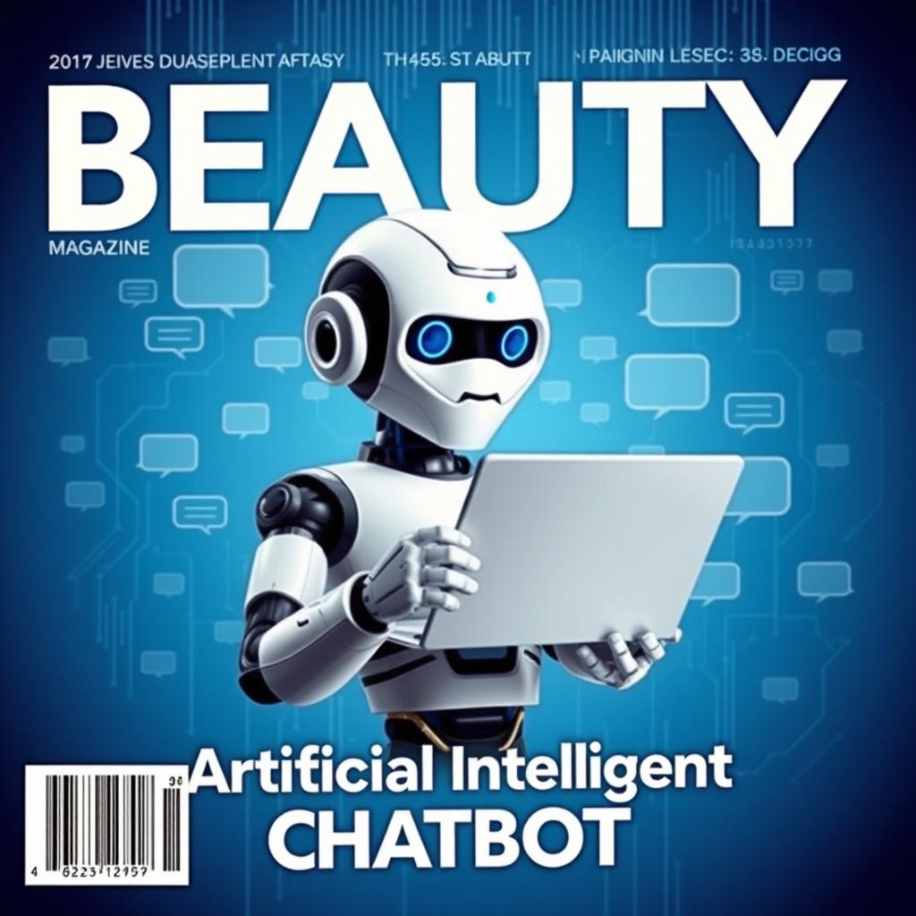 A magazine cover titled "BEAUTY" with a blue background featuring faint circuit-like lines, a multitude of chat bubbles, and an artificial robot holding an open laptop displaying a chat interface prominently in front