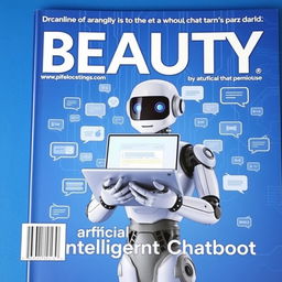 A magazine cover titled "BEAUTY" with a blue background featuring faint circuit-like lines, a multitude of chat bubbles, and an artificial robot holding an open laptop displaying a chat interface prominently in front