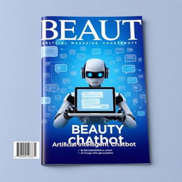 A magazine cover titled "BEAUTY" with a blue background featuring faint circuit-like lines, a multitude of chat bubbles, and an artificial robot holding an open laptop displaying a chat interface prominently in front