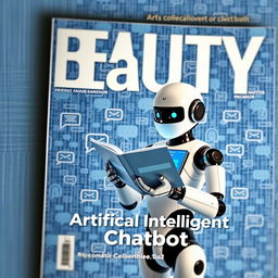 A magazine cover titled 'BEAUTY' featuring a faintly woven blue background with multiple chat symbols, an artificial robot holding an open notebook with a chat interface displayed on it