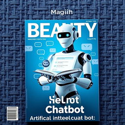 A magazine cover titled 'BEAUTY' featuring a faintly woven blue background with multiple chat symbols, an artificial robot holding an open notebook with a chat interface displayed on it